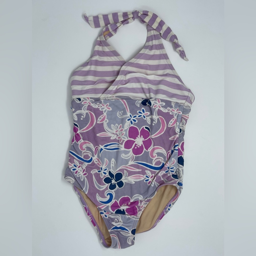 TEA COLLECTION: Purple Stripe/Floral One-Piece Swimsuit, Size 7
